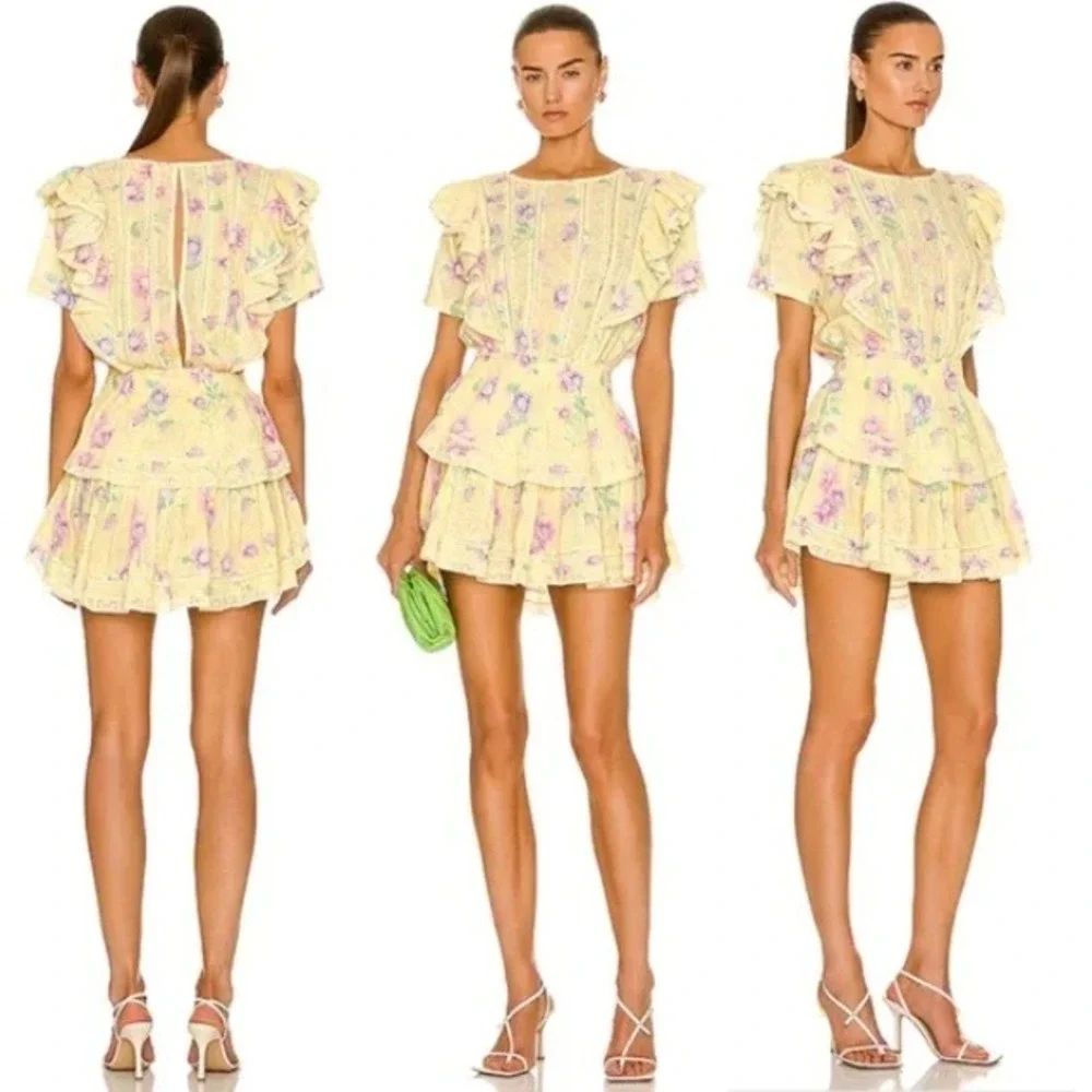 LoveShackFancy Natasha Floral Ruffle Mini Dress Smocked Waist Lace Trim S